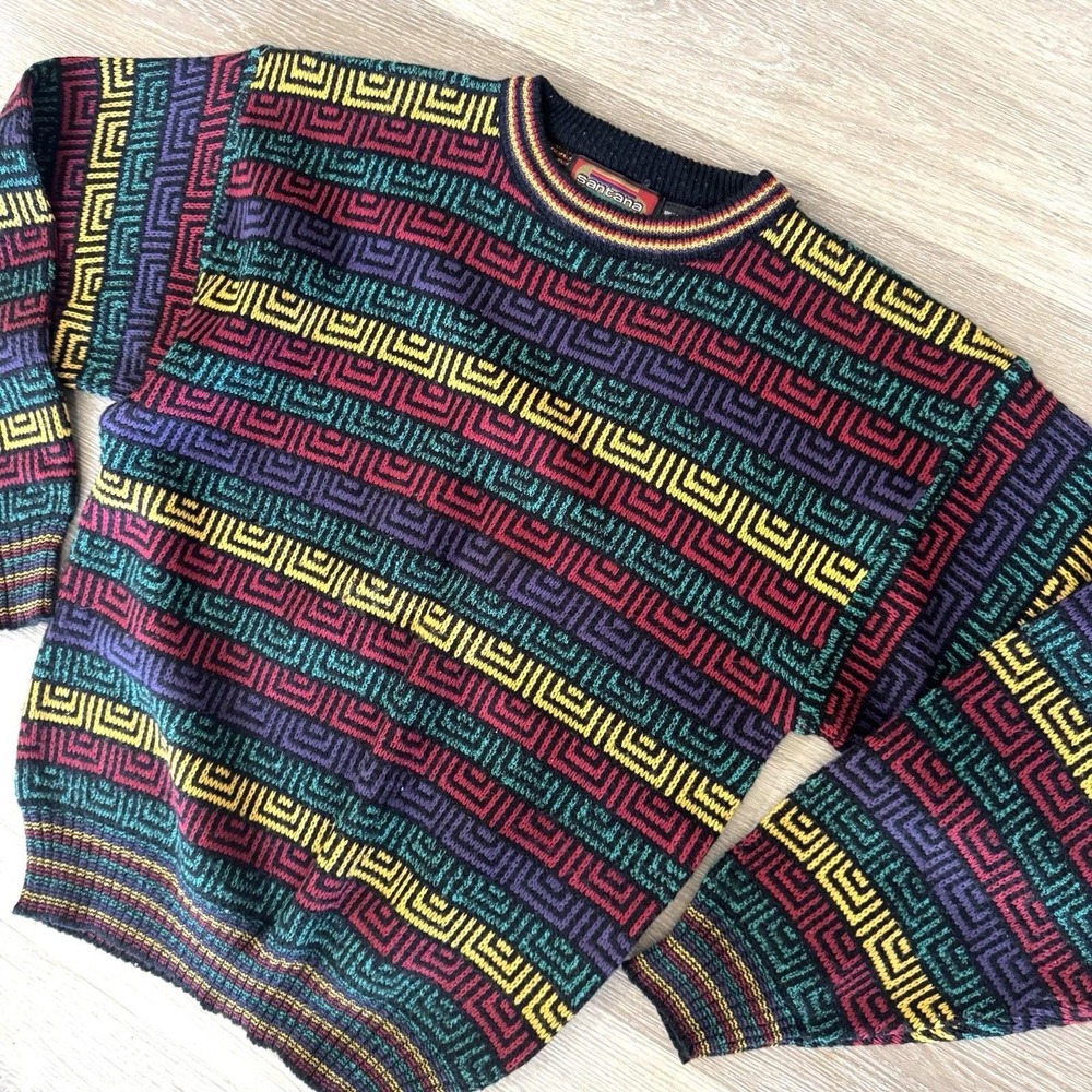 Vintage Santana‎ Multi Color Geometric Pattern Long Sleeve Crewneck Sweater Sz M